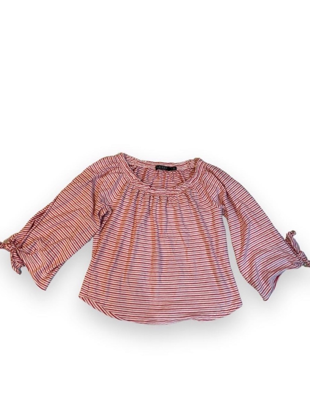 Lauren by Ralph Lauren white and red striped blouse with open/tie sleeves